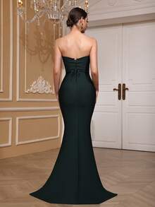 Girsdy 橄榄绿春夏优雅针织无肩带高端正式礼服，手工串珠和水钻装饰，修身性感露背美人鱼长裙，适合晚宴、舞会、毕业典礼等场合。 - 墨綠色 - 查看 3
