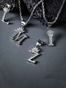 1 件不锈钢复古皇冠水钻首字母 A-Z 男女通用幸运项链，适合派对、日常佩戴、情人节、母亲节、父亲节等节日礼物 - 金色 - 查看 9