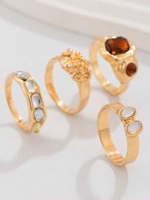 Four Rhinestones Decorated Rings With A Retro And Fashionable Metal Material Are Perfect For Daily Vacation Parties And Holiday Gifts - Multicolor - View 3