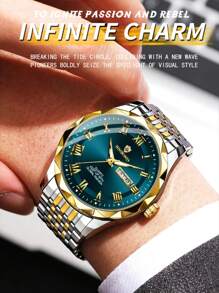 1pc Men's Rust-Proof 316 Stainless Steel Gold Plated Wire Green Black Dial 50m Waterproof Watch - Luminous Hands, English Calendar Date Precise Timekeeping Imported Quartz Movement From Japan High-Quality Luxury For Sport & Outdoor | US & Middle East Style Gift Father Husband Birthday Holiday Gifts