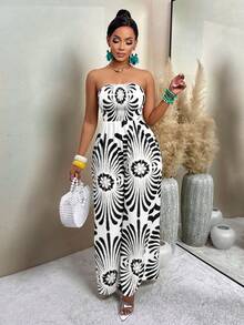 AIJ Women's Vintage Floral Print Pleated Wide Leg Jumpsuit (Random Print), Summer - Black - View 4