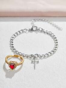 2pcs/Set Gothic Creative Personalised Heart And Sword Promise Ring Ladies Bracelet Ring Set, Valentine's Day Gift, Jewellery Accessories,Mom,Mother,Mother's Day,Gift