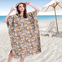 1pc Digital Printed Pattern Ultra-Fine Fiber Hooded Bath Towel, Suitable For Bathing, Swimming Pool, Travel Items, Festival Gifts