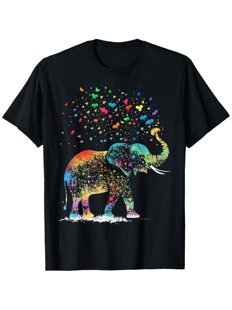 Cute Elephant Lover Animal On Elephant-Shirt, Suitable All Men And Women Outdoor Short-Sleeved-Shirts In All Seasons, Ready To Wear% Cotton, S- - 黑色 - 查看 1