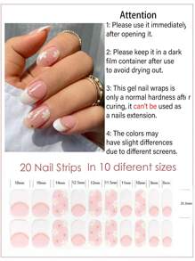 Bandes d'ongles en gel semi-durcis (marguerite rose) - 20 pièces d'autocollants pour ongles en gel french. Wraps en gel pour ongles. Nécessite des rayons UV, qualité salon et facilité d'utilisation