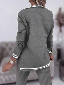 2pcs Women's Contrast Striped Patchwork Jacket And Pants Suit Set - Dark Gray - View 4