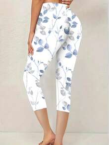 Women's Floral Print 3/4 Leggings, Polyester, Medium Stretch, Regular Fit, Soft Touch - White - View 2