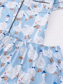 2 pezzi Set pigiama da donna, stampa a paperelle, abbigliamento da casa, outfit primaverile/estivo, top a maniche corte con bavero e pantaloncini, abbigliamento da relax - Blu - Visualizzare 6
