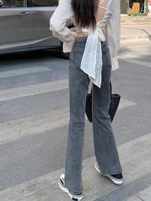 Women's Pocket Flared Casual Everyday Versatile Denim Jeans - Grey - View 4