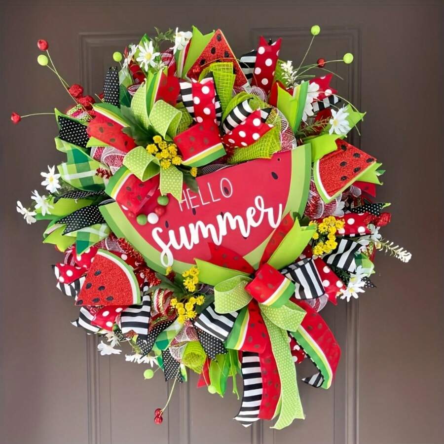 24-Inch Watermelon Summer Wreath - Farmhouse Rustic UV-Resistant Mesh Door Hanger With Faux Fruits, Checkered Ribbon & Daisy Accents - Hello Summer Sign, Mother's Day Gift For Indoor/Outdoor Welcome Decor, Watermelon Decor