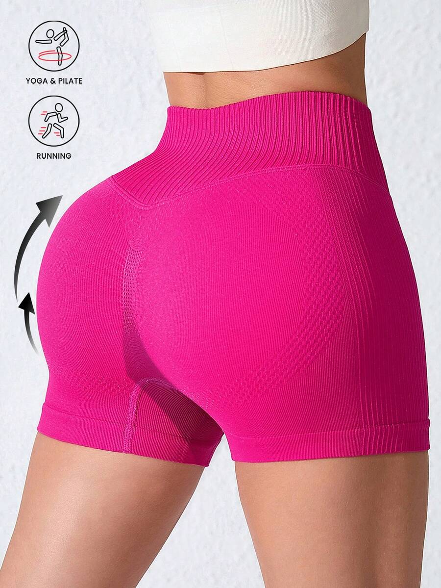 1pc Women High Waist Ribbed Yoga Shorts, Rose Red, Outdoor Running Exercise Sports Shorts - Hot Pink - View 1