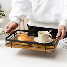 1 tavă dreptunghiulară combinată din fier și lemn, tavă de servire minimalistă din bambus și lemn cu mâner metalic, potrivită pentru acasă, cafenea, hotel