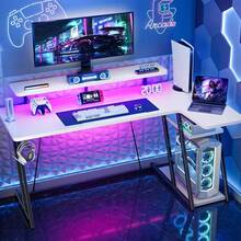 Gaming Desk With LED Lights, 140CM Computer Desk With Monitor Stand, L ...