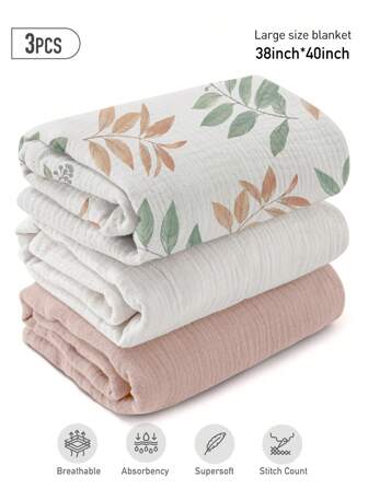 GLLQUEN BABY 3 包男女通用有机平纹细布襁褓毯，新生儿接收毯，大号 40 X 38 英寸，柔软透气平纹细布婴儿襁褓，适合男孩和女孩
