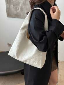 Women Solid Color PU Leather Casual Large Capacity Shoulder Bag For Daily Use - White - View 5