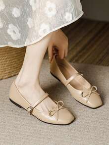 Women's Fashion Square Toe Slip-On Bow Decor Shoes, Office Casual Versatile Ballet Flats, Spring Summer Outdoor Wear, High Quality Vibe, Light Color Party Wedding Flat Shoes - 杏色 - 查看 4