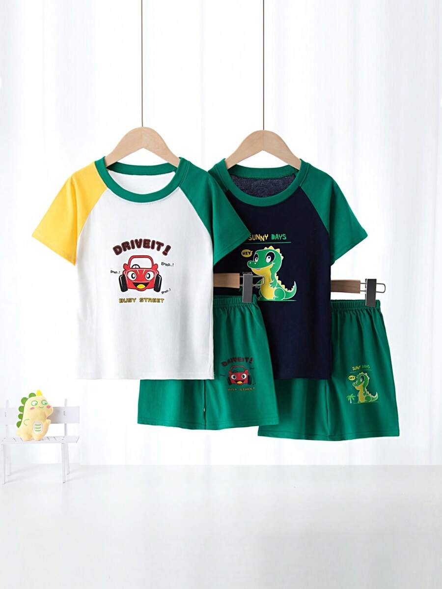 Set de 4 piezas de pantalón corto y manga corta para niño pequeño, pijama estampado con dinosaurios y autos de dibujos animados, ropa de dormir de algodón ligero para verano