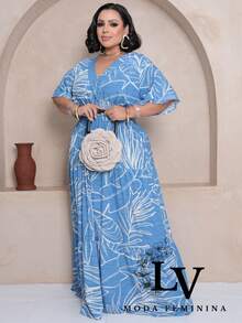 Plus Size Long Dress V Neck Short Sleeve - Baby Blue Estam. - View 1