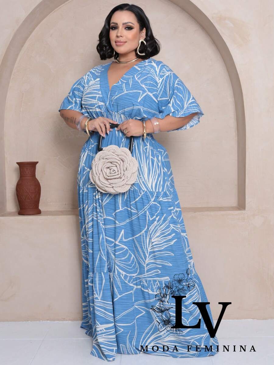 Plus Size Long Dress V Neck Short Sleeve - Baby Blue Estam. - View 1