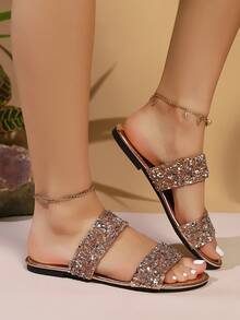 New Crystal Strap Slippers, Casual Open Toe Outdoor Wear Girl Sandals, Soft Sole Vacation Beach Shoes, Shiny Gold Rhinestone Slides - Champagne - View 4