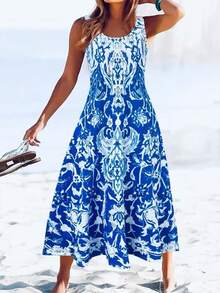 Plus Size Fashion Printed Bohemian Style Vacation Dress With Pockets, Summer Elegant - Blue - View 1