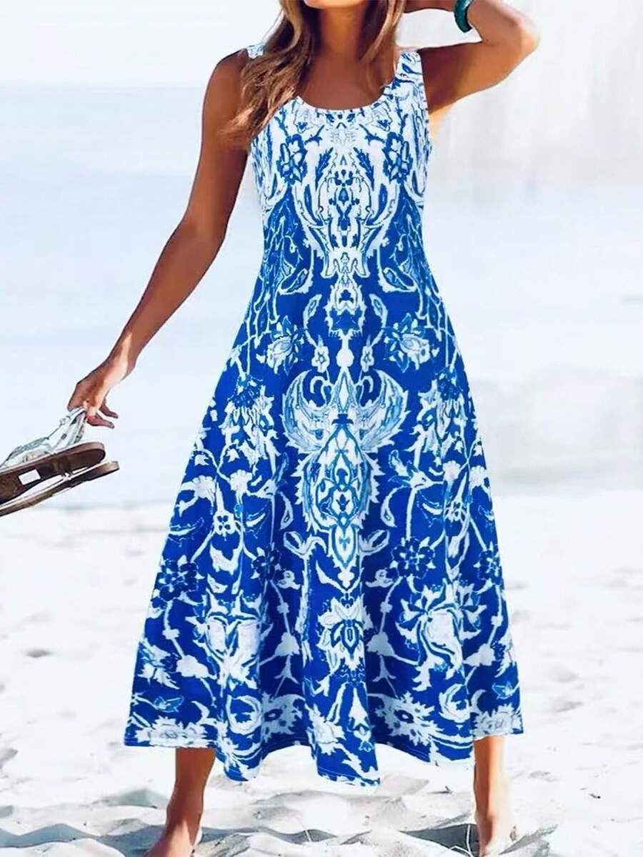 Plus Size Fashion Printed Bohemian Style Vacation Dress With Pockets, Summer Elegant - Blue - View 1