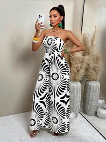 AIJ Women's Vintage Floral Print Pleated Wide Leg Jumpsuit (Random Print), Summer - Black - View 1