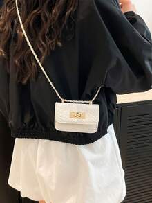 迷你方形包，编织纹理，绗缝，新款女士手提包，菱形图案，高品质缝线，单肩包，编织链带，翻盖，小包，口红袋，可爱斜挎包，配饰袋 - 白色 - 查看 6