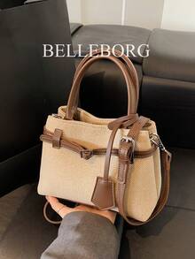 BELLEBORG 高品质休闲拼色复古帆布皮革扣托特包手提包，适合通勤女性 - 咖啡 - 查看 5