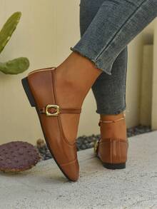 新款女士时尚春秋季系带搭扣玛丽珍平底鞋，方头舒适日常穿着，玛丽珍鞋，芭蕾平底鞋 - 棕色 - 查看 6