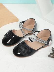 New Rhinestone Ribbons Knitted Flowers Ballet Shoes For Girls - Black - View 2