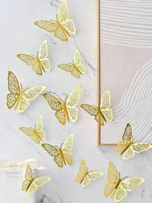 12pcs 3D Hollow Foldable Butterfly Wall Stickers, For Home Decoration, Gold Color Butterfly Decals Room Decor Wall Decor Personalised Stickers