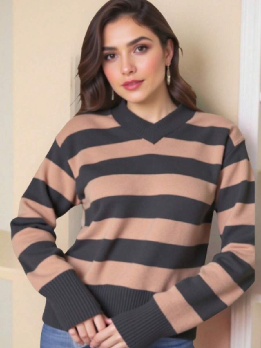 TRICOZHU Knitted Long Sleeve Striped Blouse V-Neck Striped V-Neck Blouse Polyester With Elastane Ribbed Collar And Cuff ONE SIZE 36-44 - 卡其色 - 查看 1