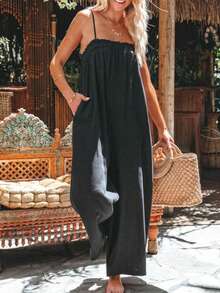 Moda feminina boêmia férias casual cor sólida bolsos camisola macacão perna larga calças - Preto - Ver 1