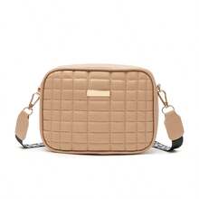 New Fashion Solid Color Plaid Embroidered Camera Bag, Versatile Letter Strap With Metal Decor Crossbody Bag, Minimalist Style For Outdoor Travel, High-Quality Shoulder Bag - Black - View 10