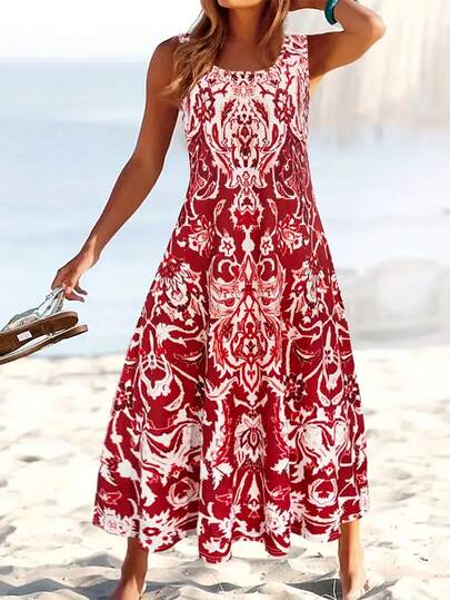 Plus Size Fashionable Printed Bohemian Style Pocket Decoration Summer Tank Dress