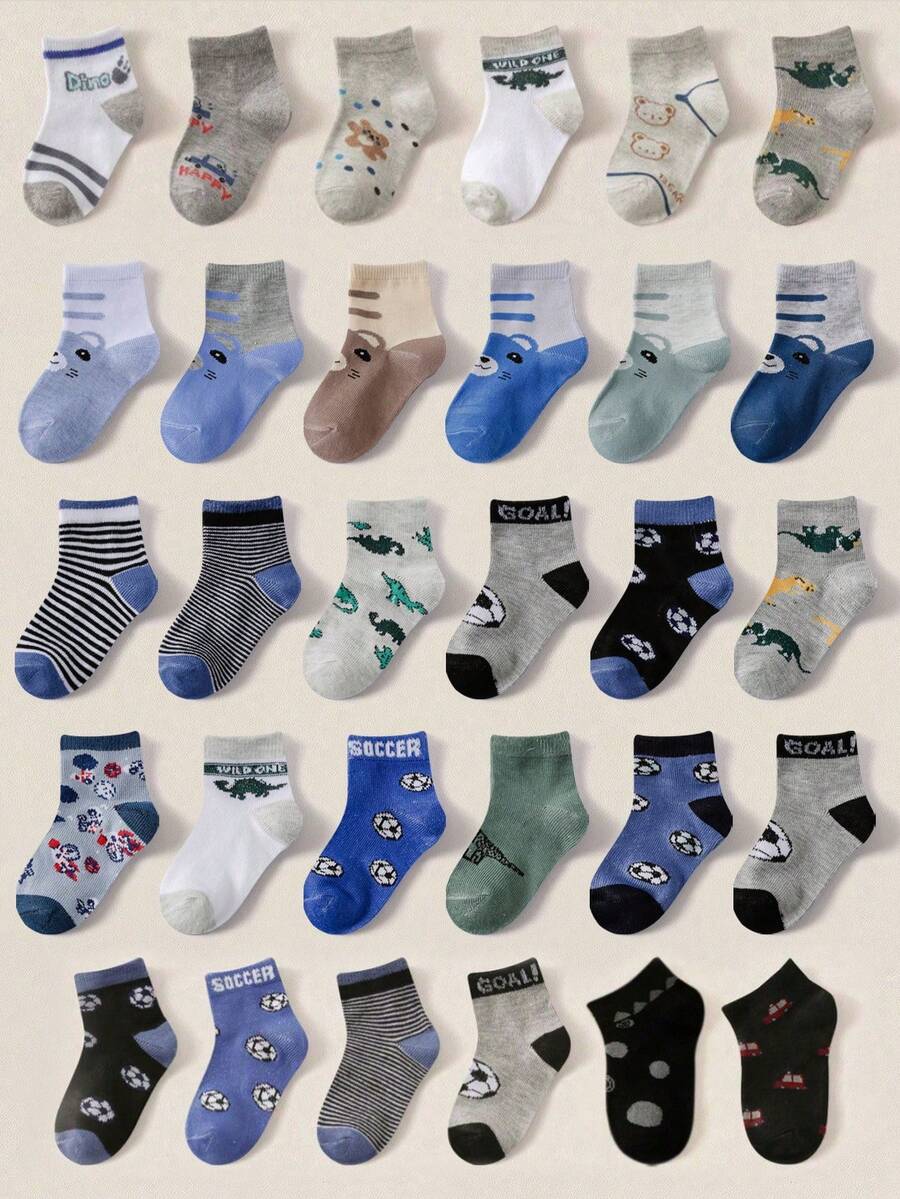 12 Pairs Boys Cartoon Dinosaur, Bear, Football Pattern Mid-Calf Socks, Fashion Casual Versatile, Skin-Friendly Soft Breathable, Suitable For Daily Wear, Holiday Gifts, Back-To-School, Random Color/Style - Multicolor - View 1