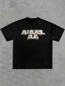 Camiseta de hip-hop de moda, "ANUEL AA" con llamativas palabras tridimensionales, cuello redondo, manga corta, 100% algodón, 220 gramos de algodón grueso. - Negro - Ver 2