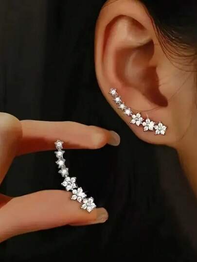 1 Pair Edgy Lined Floral Ear Clip Earrings, Minimalist Star Design Lightweight Luxurious Ear Studs Jewelry
