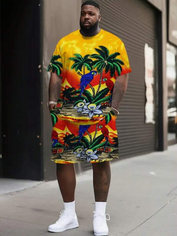 Hawaiian Style 3D Printed T-Shirt & Shorts Set, Men Fashionable Sportswear Oversized Short Sleeve Top & Pants Suit