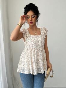 Ditsy Floral Square Neck Ruffle Hem Blouse - Apricot - View 6