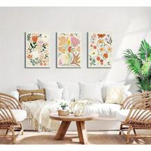 Juego de 3 pinturas en lienzo de flores bohemias, arte de pared abstracto botánico con floral, cuadros de pared, pósteres minimalistas de plantas, impresiones artísticas para sala de estar, dormitorio, oficina y decoración del hogar - Pintura mural enmarcada en tres piezas, arte de pared con marco