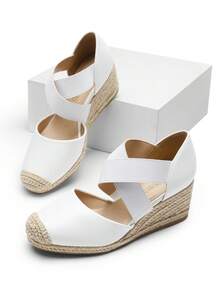 Womens's Wedges Sandals Close Toe Espadrilles Platform Slip On Elastic Cross Straps Dressy Wedges Sandals White Sandals Matching Dress - 白色 - 查看 1