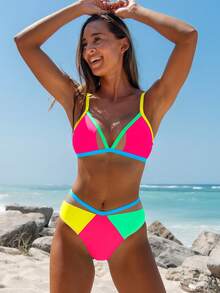 popvil Bộ bikini bãi biển lưới tam giác chắp vá nhiều màu sắc - Đỏ - Xem 1