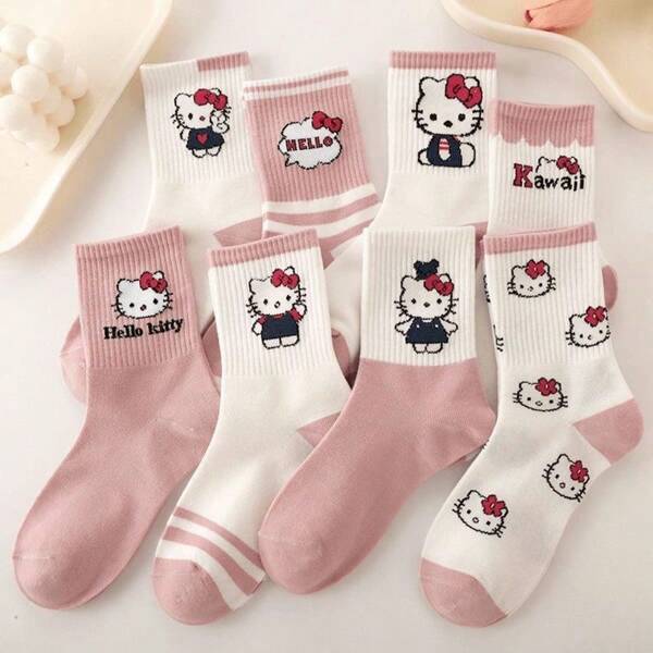 Sanrio 5 / 8 أزواج جوارب مستديرة للنساء من Sanrio Hello Kitty بلون زهري ، تصميم كرتوني جذاب ، مصنوعة من خليط من البوليستر الناعم والمرن ، مناسبة للارتداء اليومي للمراهقين ، جوارب ناعمة وجذابة بتصميم شخصيات أنيقة