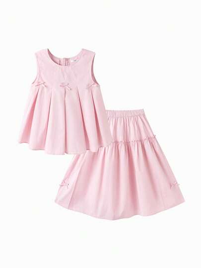 Balabala 2pcs/Set Young Girl Solid Color Bow Decor Camisole And Mini Skirt, Cute & Fashionable For Summer