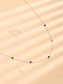 1pc Women's Minimalist Titanium Steel Peacock Blue Dainty Chain Necklace, Elegant Delicate Collarbone Necklace Gift - Steel - View 3