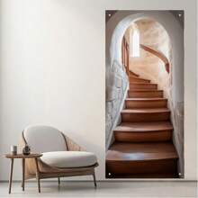 2D Door Plaque, 1Pc Polyester Elegant Staircase Themed Door Panel - Polyester, 70.8"X35.4", Corded, Comfortable Cafe Style Door Sign With Stone Arch And Wooden Staircase Design, Suitable For Home Indoor Decor, Multi-Purpose Great For Housewarming, Graduation, Retirement Party, Confirmation, Bachelor Party And Holidays Like Easter, St. Patrick's Day, Ramadan, Seasonal Home Decor.