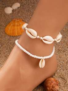 Fashionable Ocean-Themed Shell & Turquoise Beaded Adjustable Anklet, Waterproof Wax Rope Braided, Unisex For Beach Vacation Party - Anklets - View 10