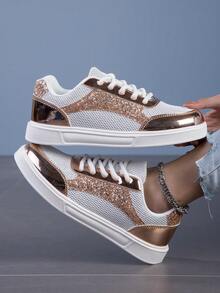 Spring/Summer New Round Toe Lace-Up Rose Gold Shiny Sneakers For Women, Academic Style Breathable Athletic Sports Shoes, Comfortable Fashion Student - Rose Gold - View 1